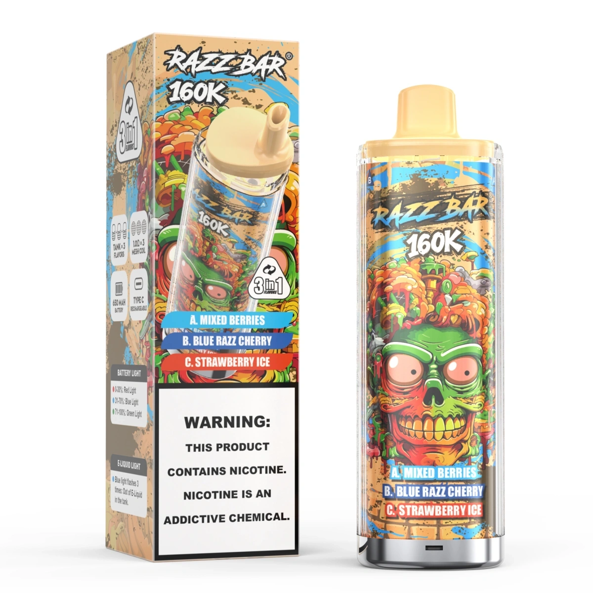 Razz Bar 160K 3 in 1 disposable vape rotating mouthpiece for switching flavors between Mixed Berries, Blue Razz Cherry, and Strawberry ice, with Type-C rechargeable and triple mesh coil features, shown with single retail box.
