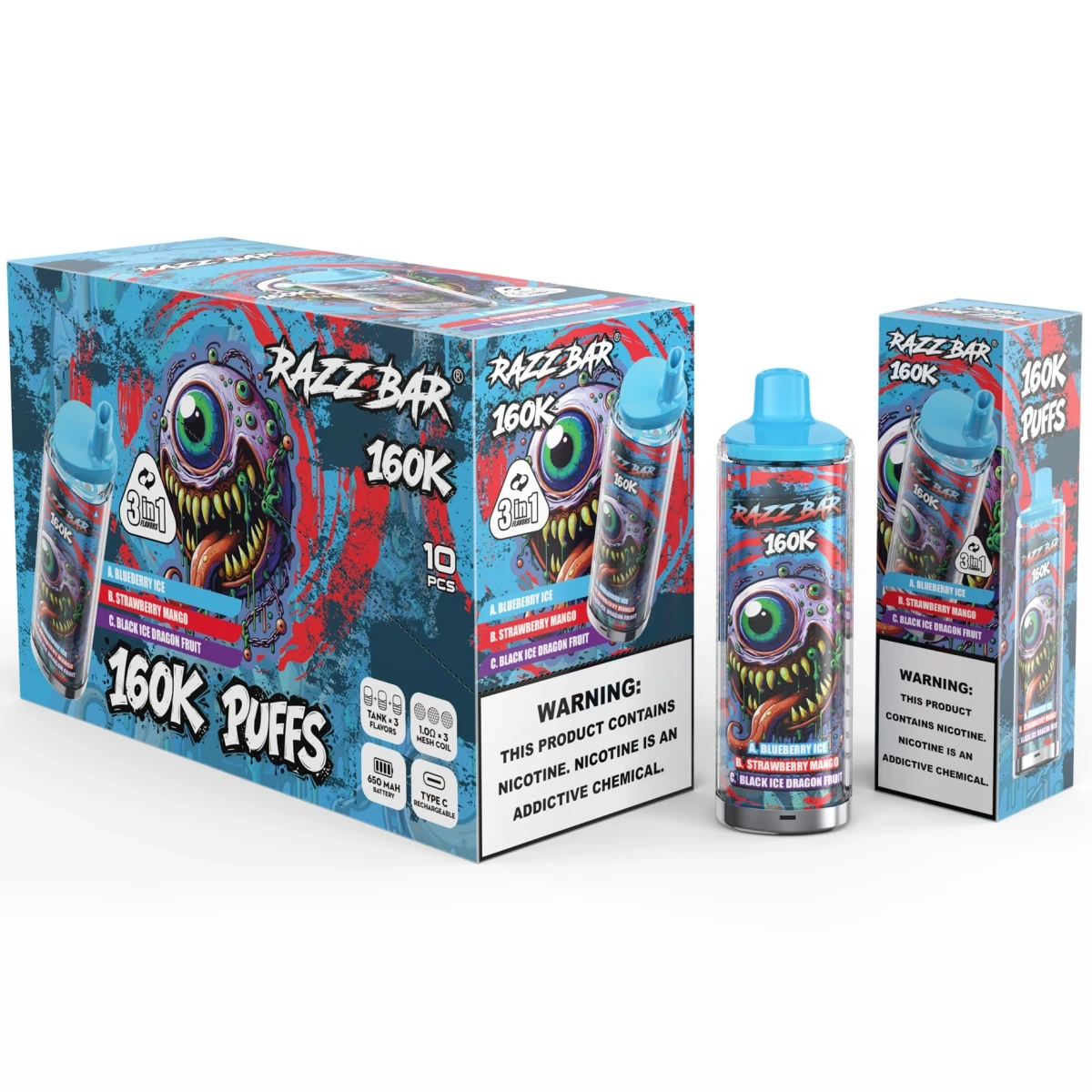 Razz Bar 160K 3 in 1 disposable vape rotating mouthpiece for switching flavors between Blueberry ice, Strawberry mango, and Black Ice Dragon Fruit, with Type-C rechargeable and triple mesh coil features, shown with single retail box and 10-piece medium carton for wholesale.