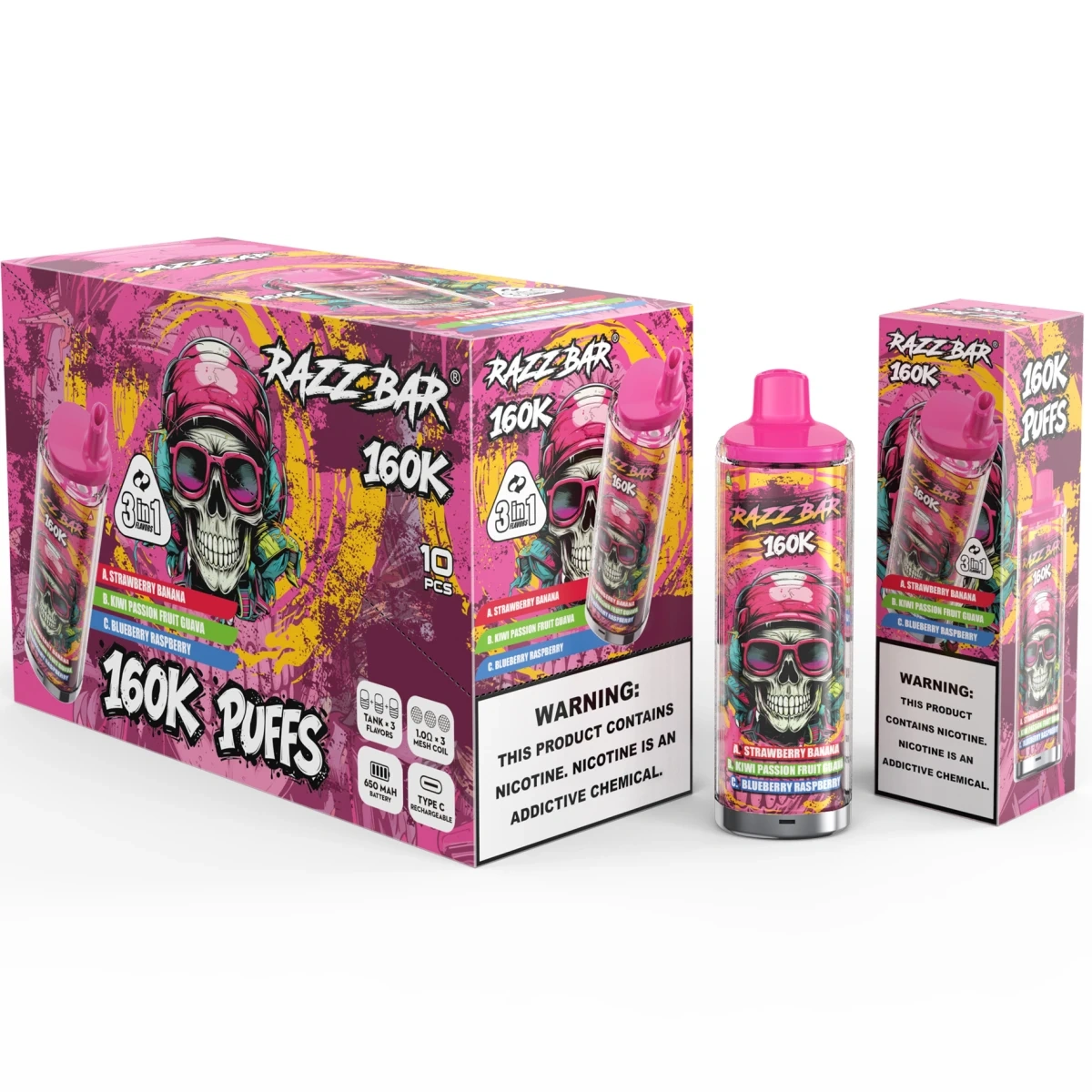 Razz Bar 160K 3 in 1 disposable vape rotating mouthpiece for switching flavors between Strawberry banana, Kiwi Passion Fruit Guava, and Blueberry Raspberry, with Type-C rechargeable and triple mesh coil features, shown with single retail box and 10pcs medium package for wholesale.
