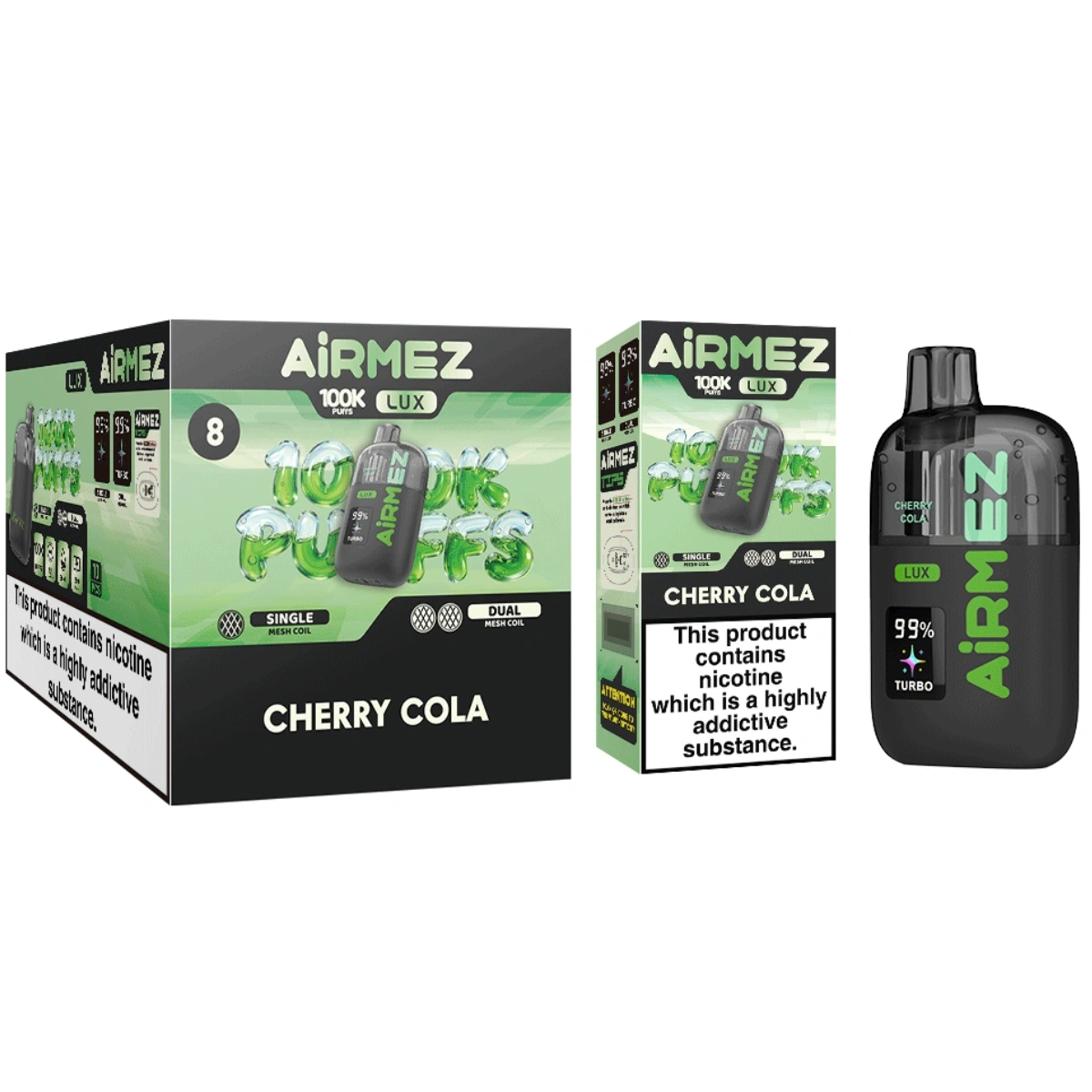 Airmez Lux 100K cherry cola vape with dual mesh coil, shown with single retail box and 10-piece wholesale package.