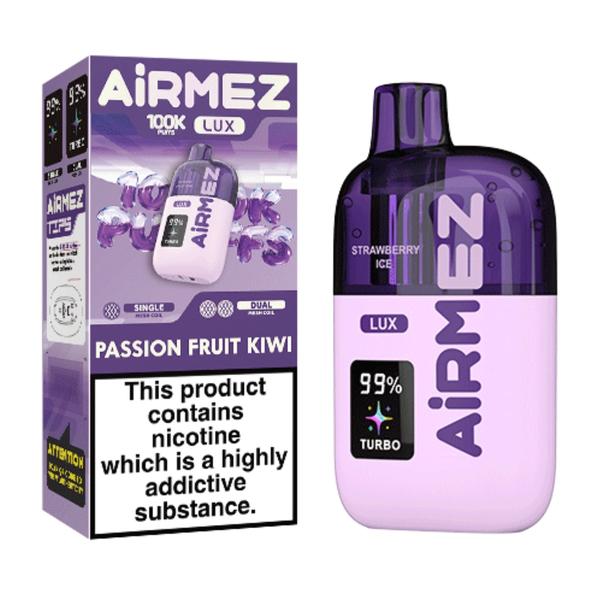 Airmez Lux 100K passion fruit kiwi disposable vape with Type-C rechargeable and retail box packaging.