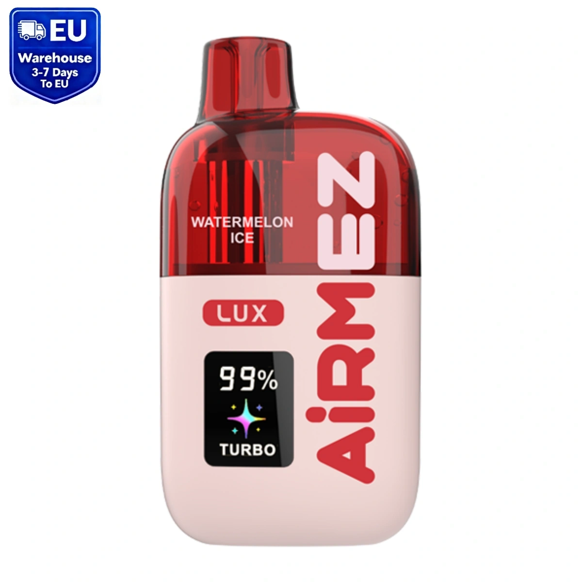 Airmez Lux 100K watermelon ice disposable vape with smart screen display, isolated on white background.
