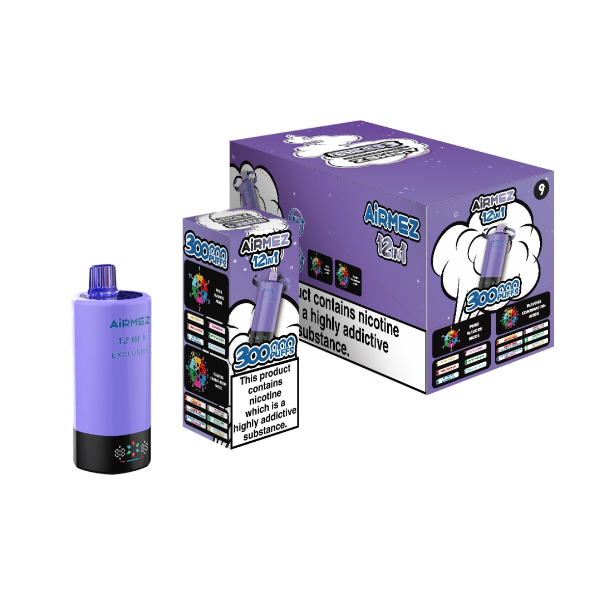 Airmez 300K 12-in-1 cherry berry vape with smart screen and retail packaging, shown with single box and 10-piece medium wholesale package.