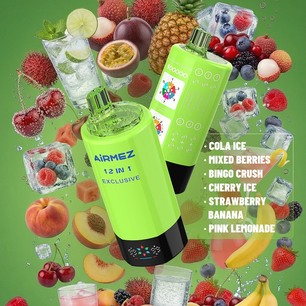 Airmez 300K 12-in-1 cola ice disposable vape featuring adjustable flavor system and smart screen, displayed in flavor promotional graphic.