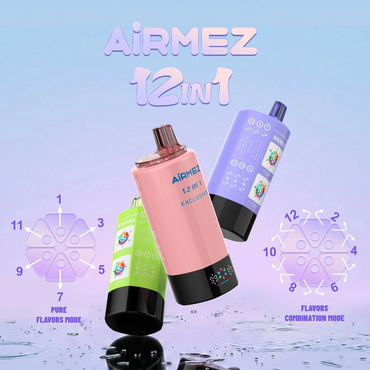 Airmez 300K 12-in-1 strawberry vape with Type-C rechargeable and dual mesh coil, shown in promotional lifestyle scene.