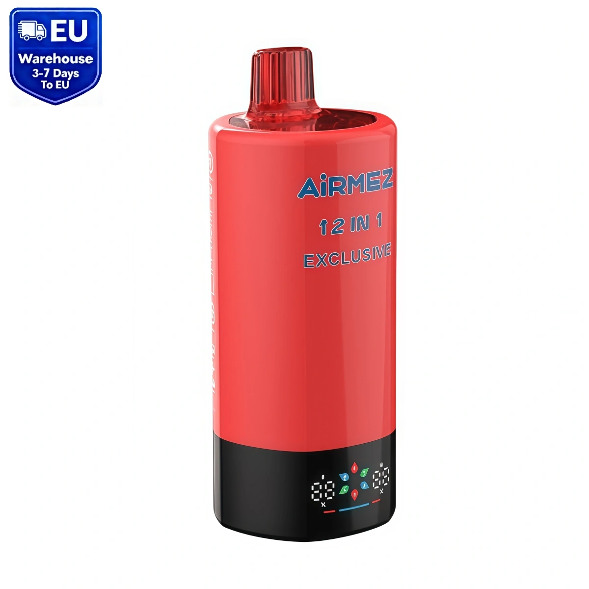 Airmez 300K 12-in-1 watermelon ice disposable vape with smart screen display, isolated on white background.