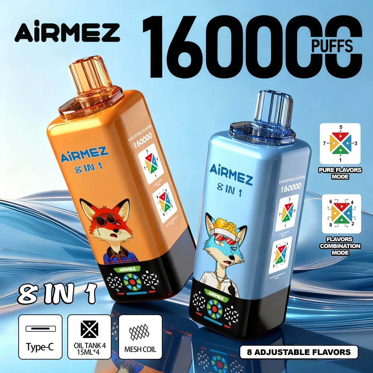 Airmez Fox 160K 8 in 1 bingo crush disposable vape featuring smart screen and Type-C rechargeable, shown with product specifications displayed.