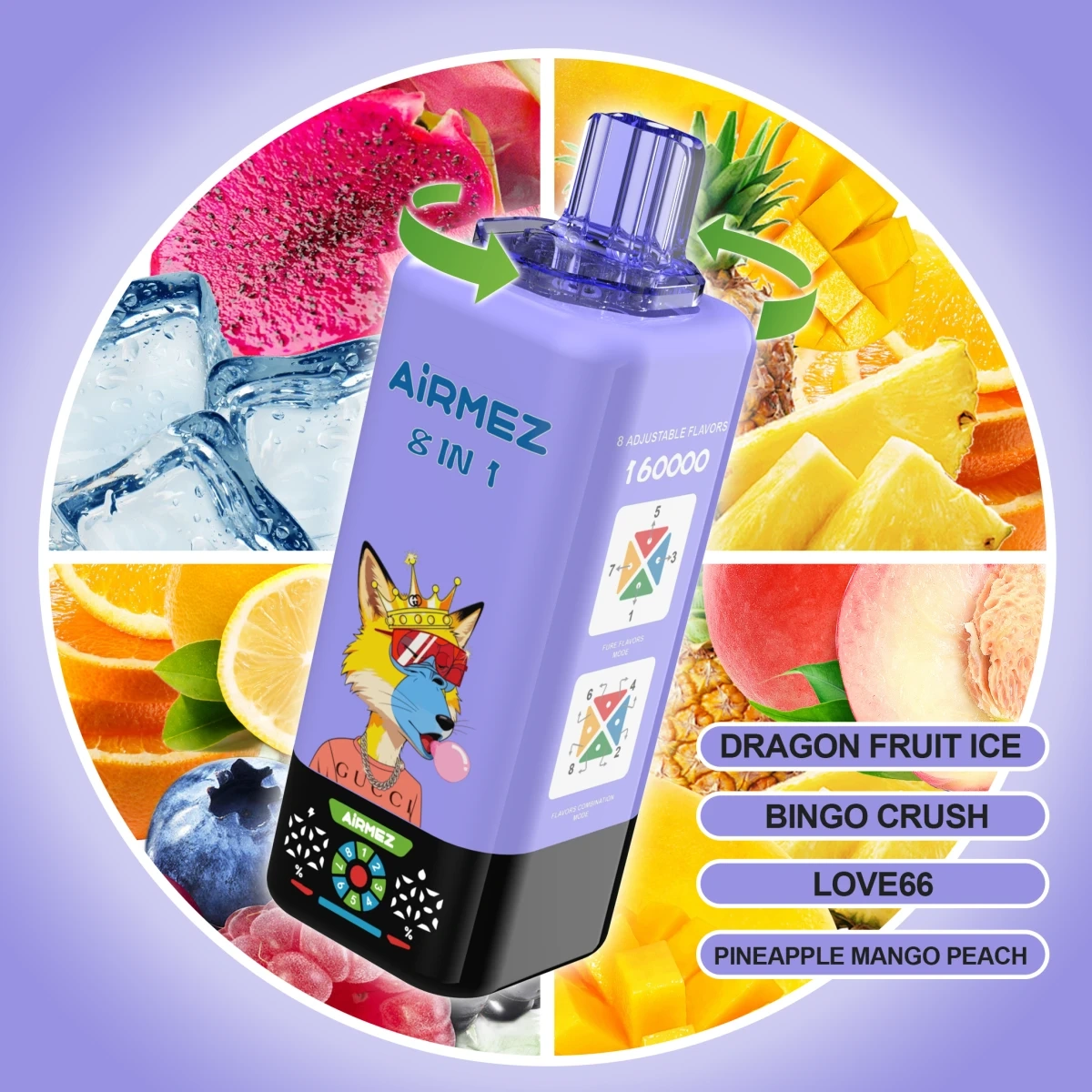 Airmez Fox 160K 8 in 1 dragon fruit ice disposable vape highlighting 8 adjustable flavors, displayed with flavor selection interface.