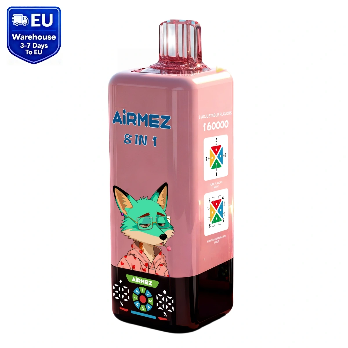 Airmez Fox 160K 8 in 1 love 66 disposable vape with smart screen, isolated on white background.