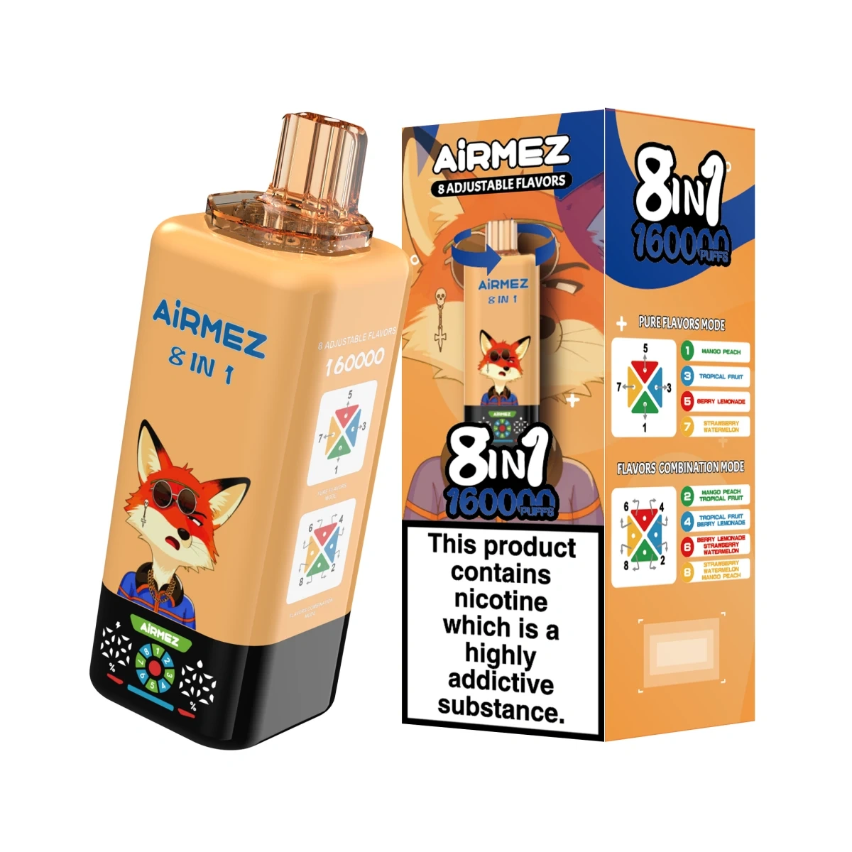 Airmez Fox 160K 8 in 1 mango peach disposable vape with mesh coil and retail box packaging.