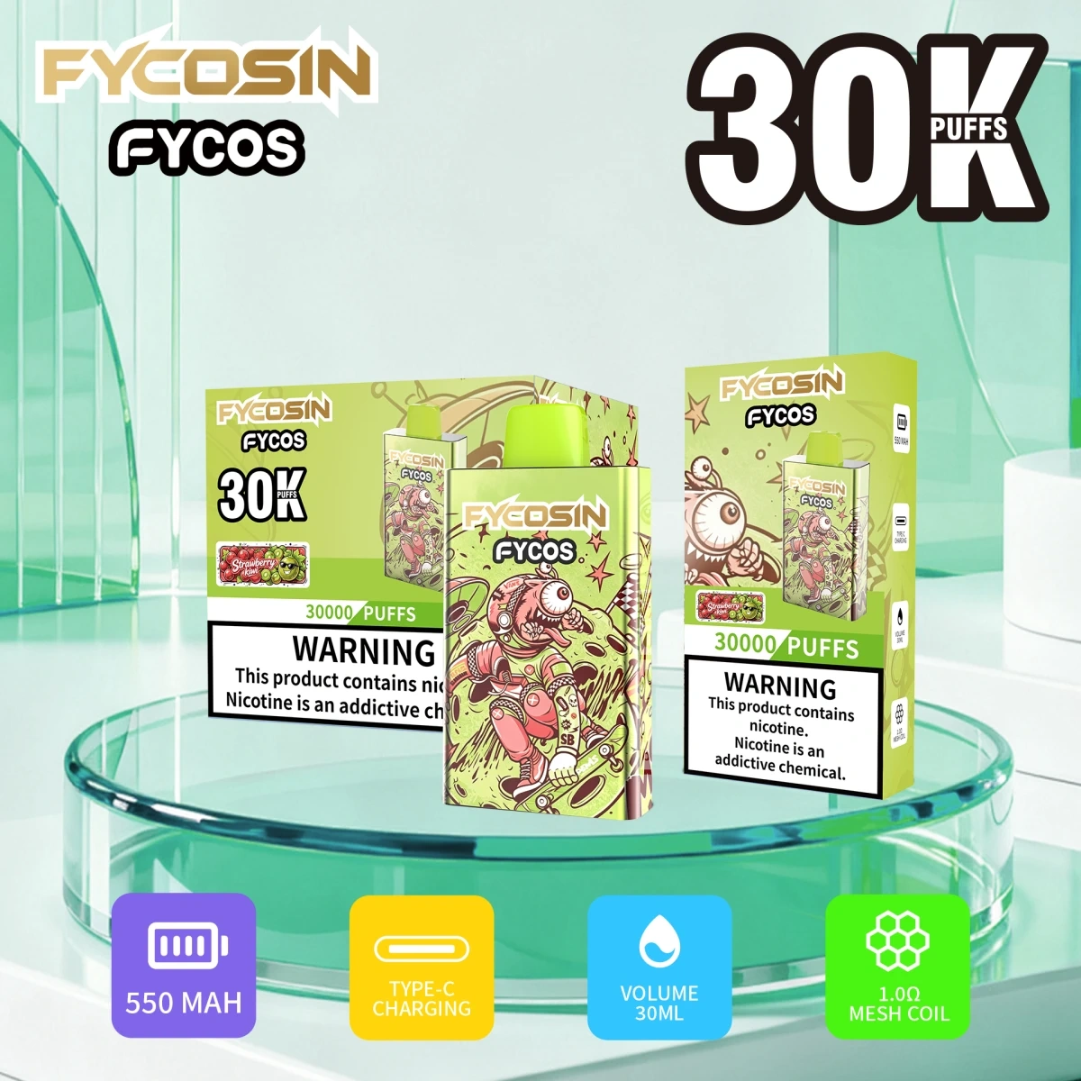 Fycosin 30K lemon lime disposable vape with Type-C rechargeable and mesh coil features, shown with single retail box and 10pcs medium box for wholesale.
