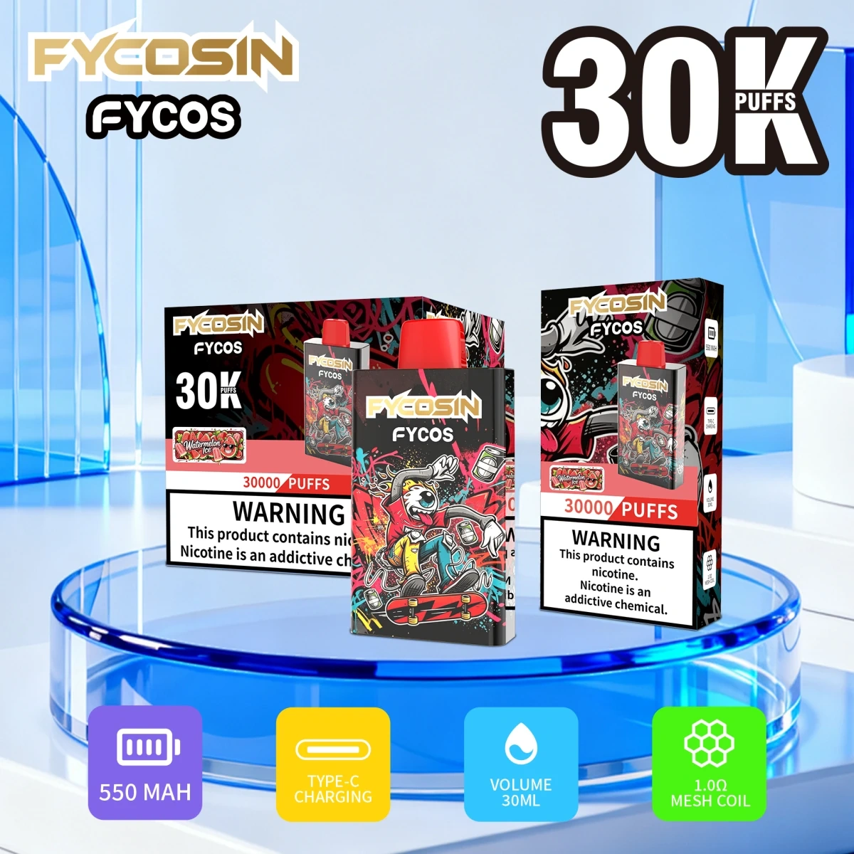 Fycosin 30K strawberry kiwi disposable vape with Type-C rechargeable and mesh coil features, shown with single retail box and 10pcs medium package for wholesale.