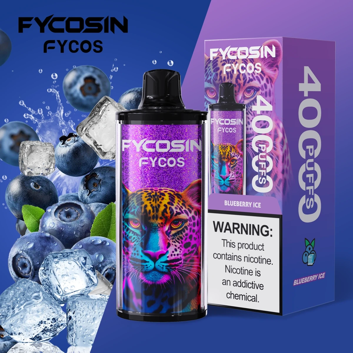 Fycosin 40K blueberry ice disposable vape with crystal appearance and Type-C charging, shown with single-unit retail box.
