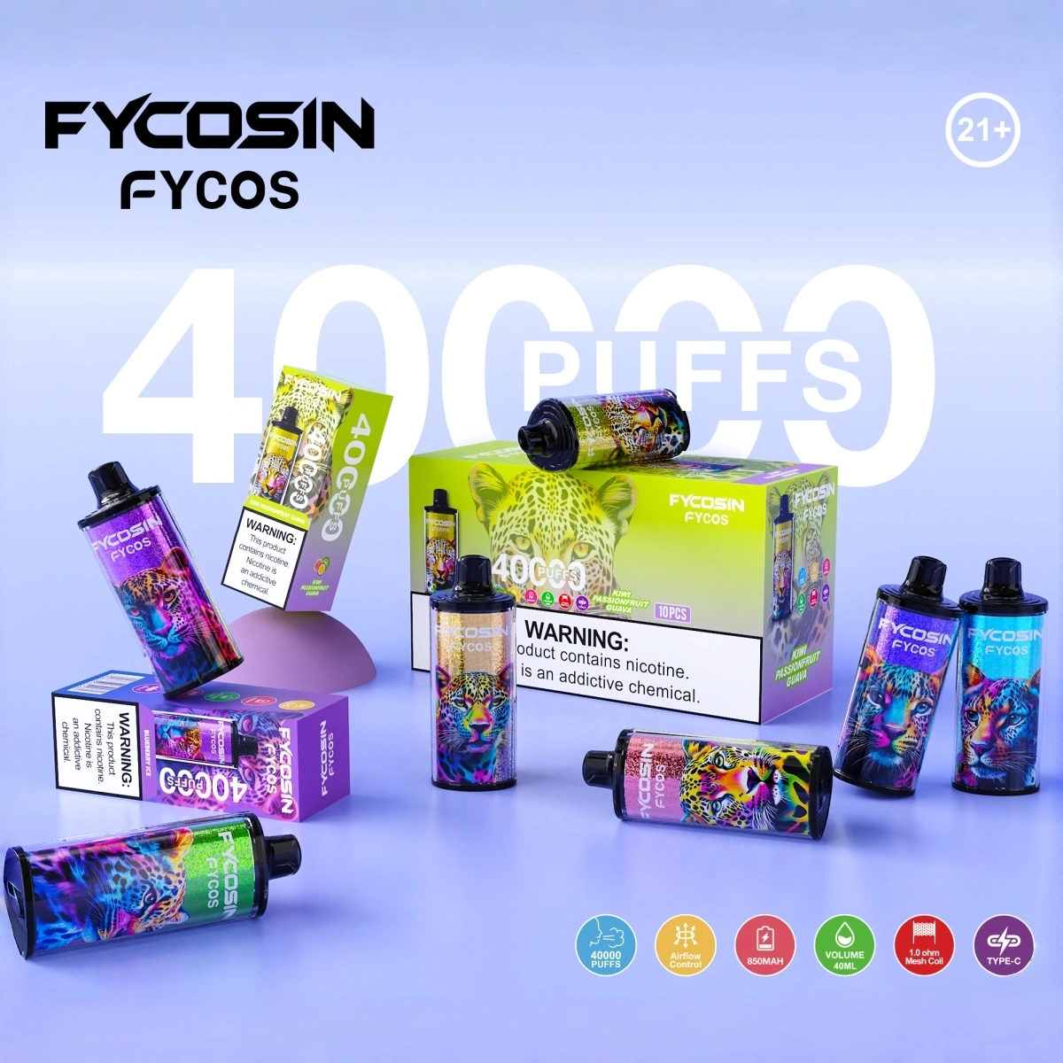 Fycosin 40K kiwi passionfruit guava crystal vape with adjustable airflow and mesh coil, shown with single retail box and 10pcs medium box for wholesale.