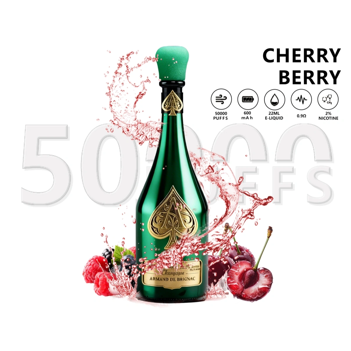 Armand de Brignac Champagne Vape 50000 Puffs cherry berry disposable vape featuring Type-C rechargeable and mesh coil, product specifications displayed in promotional layout.