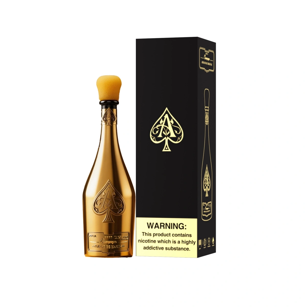 Armand de Brignac Champagne Vape 50000 Puffs strawberry ice disposable vape in champagne-style bottle, shown with single-unit retail packaging.