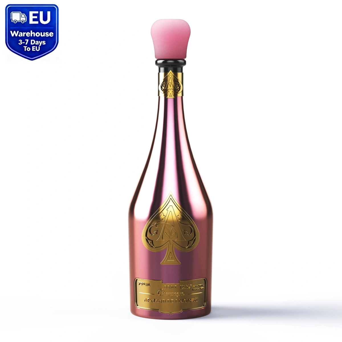 Armand de Brignac Champagne Vape 50000 Puffs strawberry watermelon disposable vape with champagne bottle design, isolated on white background.