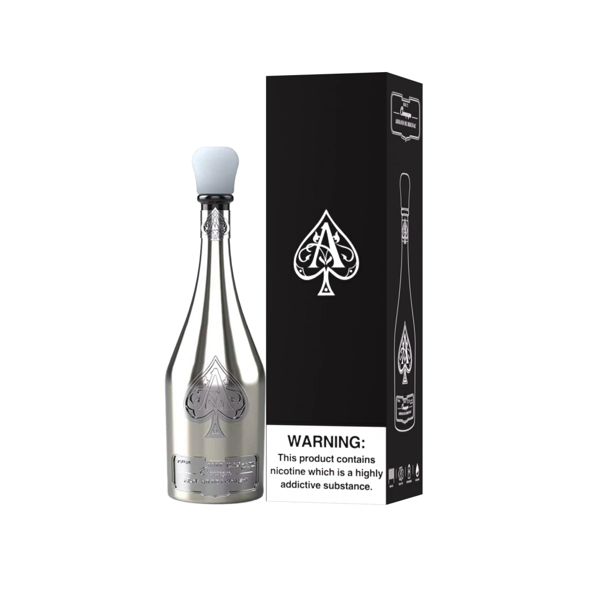 Armand de Brignac Champagne Vape 50000 Puffs white grape disposable vape with luxury champagne bottle appearance, presented alongside retail box.