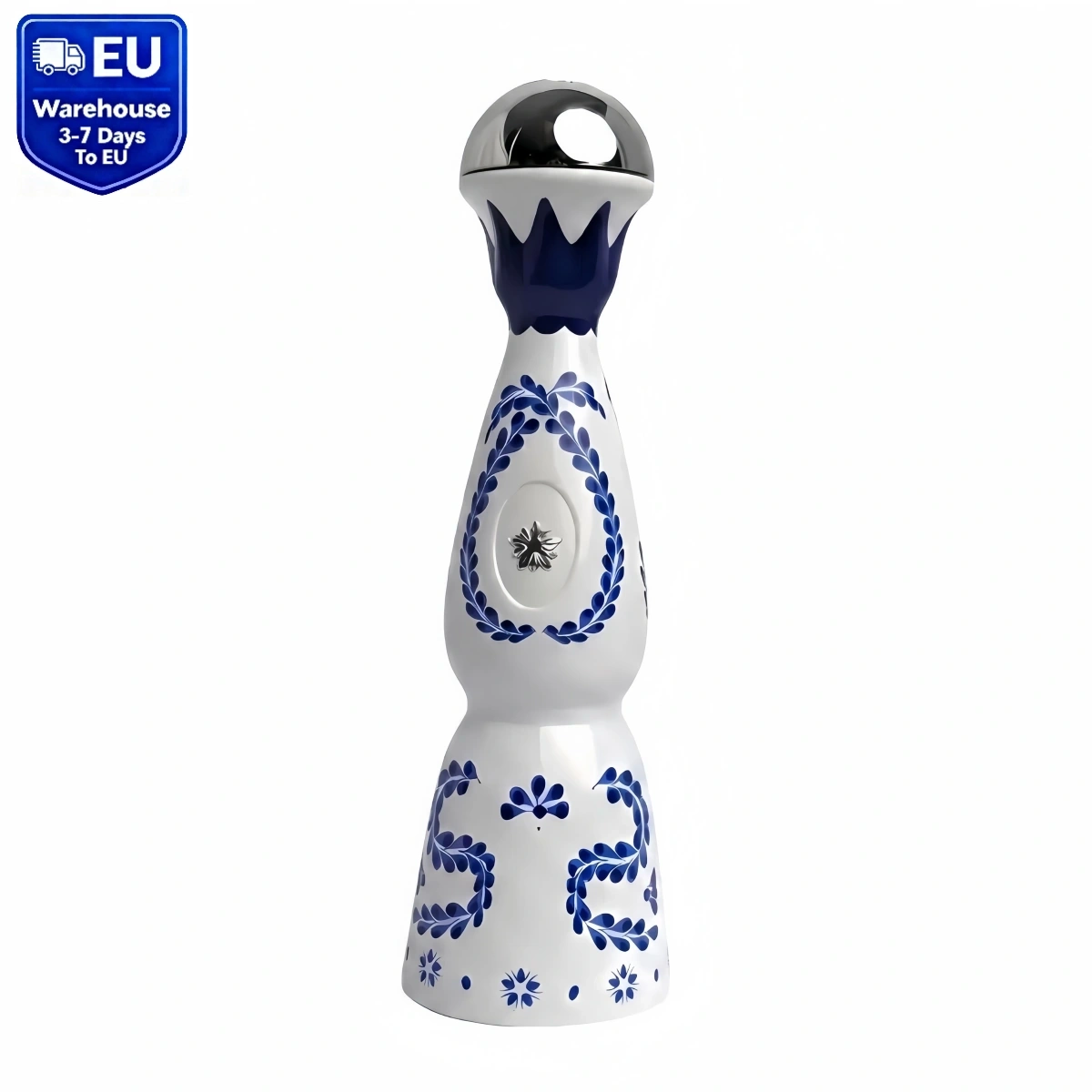 Humo AZUL 24000 Puffs blueberry ice disposable vape with tequila bottle appearance, isolated on white background.