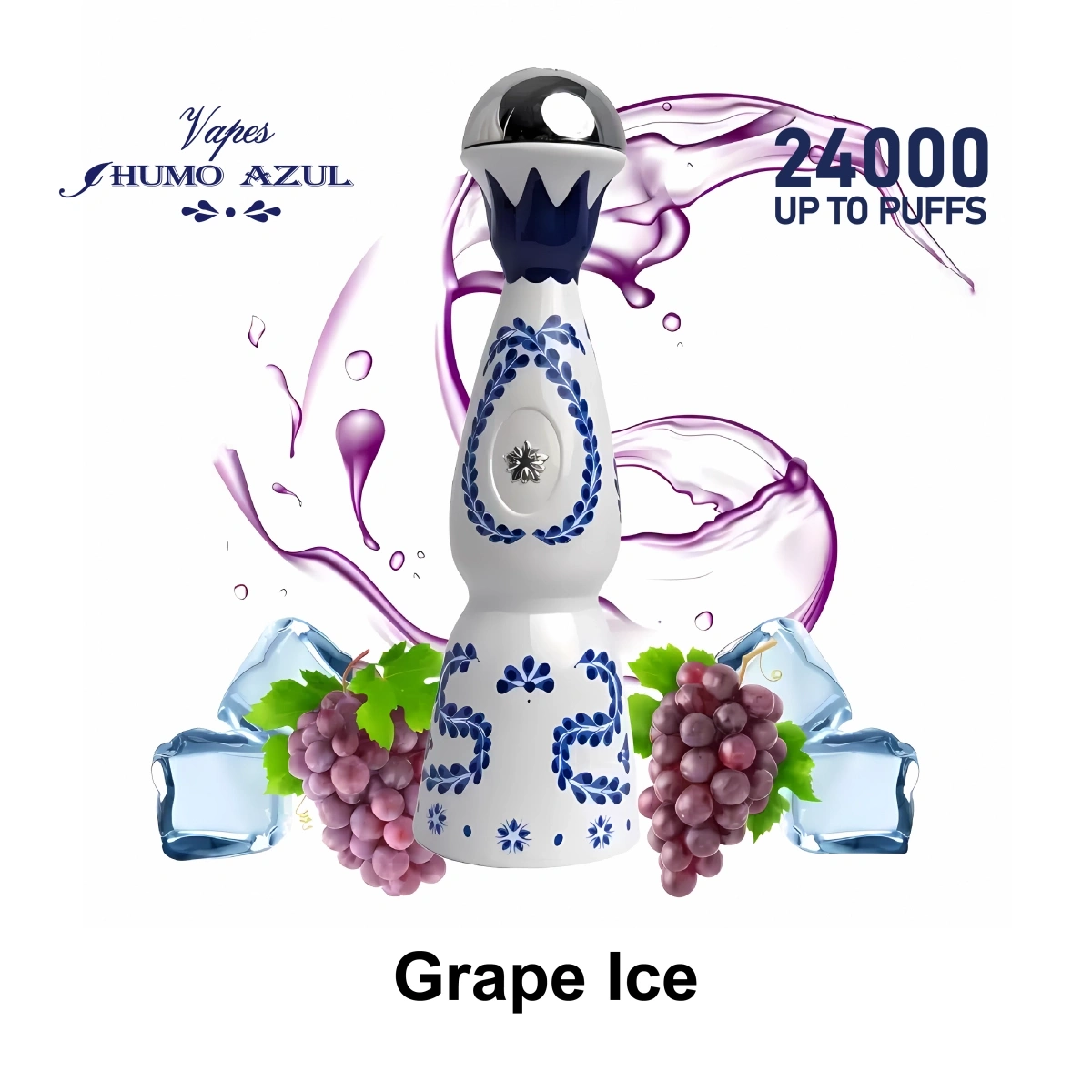 Humo AZUL 24000 Puffs grape ice disposable vape featuring a unique tequila bottle design, shown in vibrant flavor promotional scene.