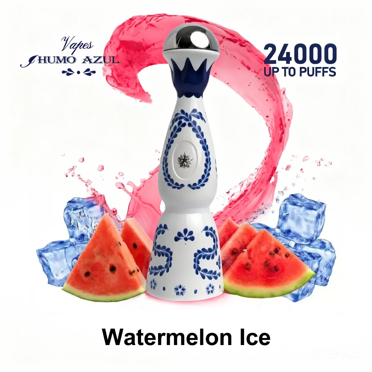 Humo AZUL 24000 Puffs watermelon ice disposable vape with tequila bottle styling, displayed in colorful flavor-focused promotional visual.