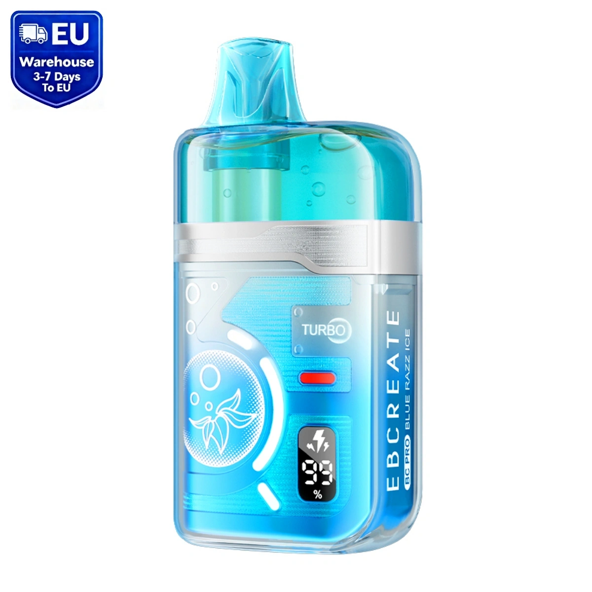 EBCREATE BC PRO 40K Blue Razz Ice disposable vape with visible smart screen and Cybertech design, isolated on white background.