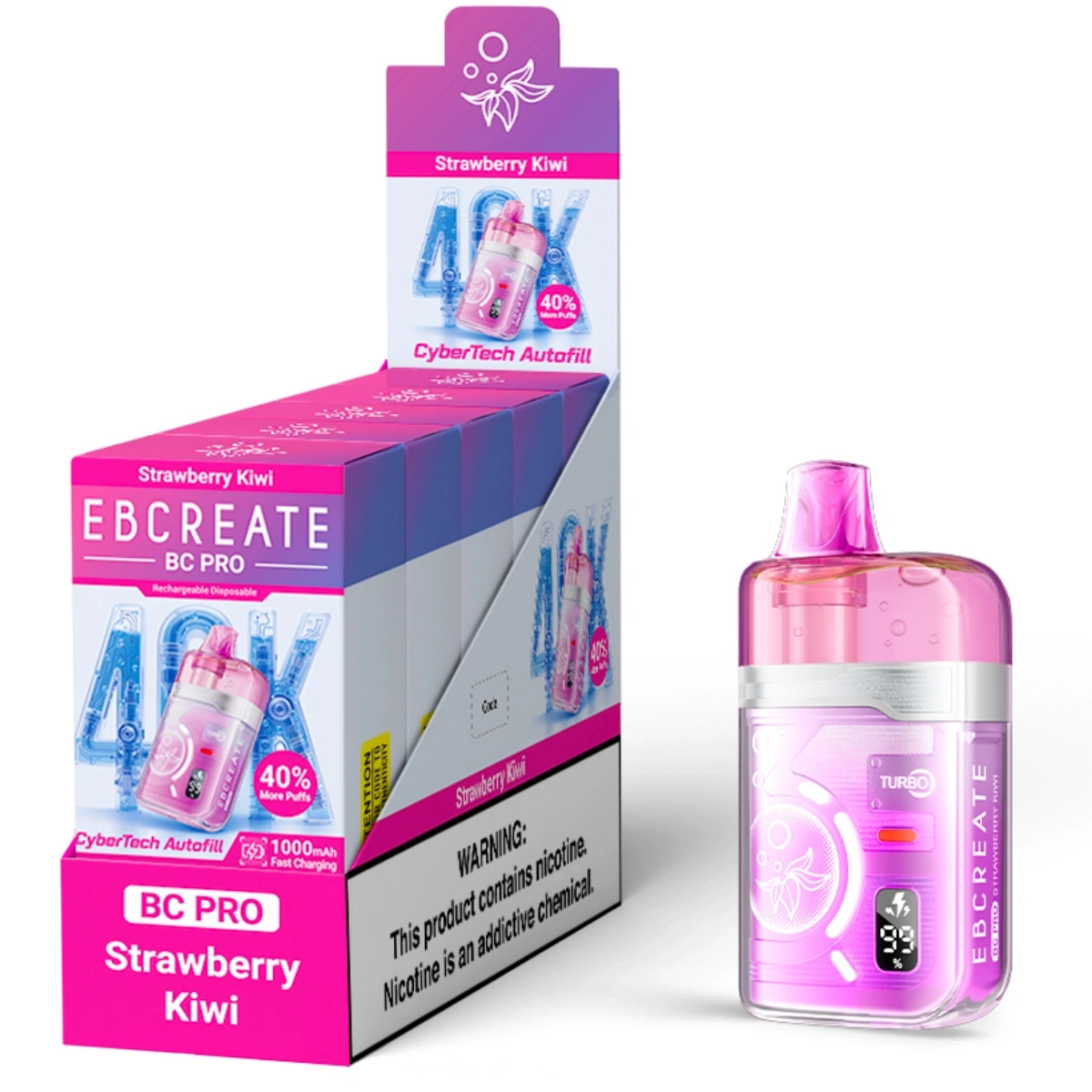 EBCREATE BC PRO 40K Strawberry Kiwi disposable vape with smart screen and dual mode, shown with single retail box and 5pcs medium pack for wholesale.