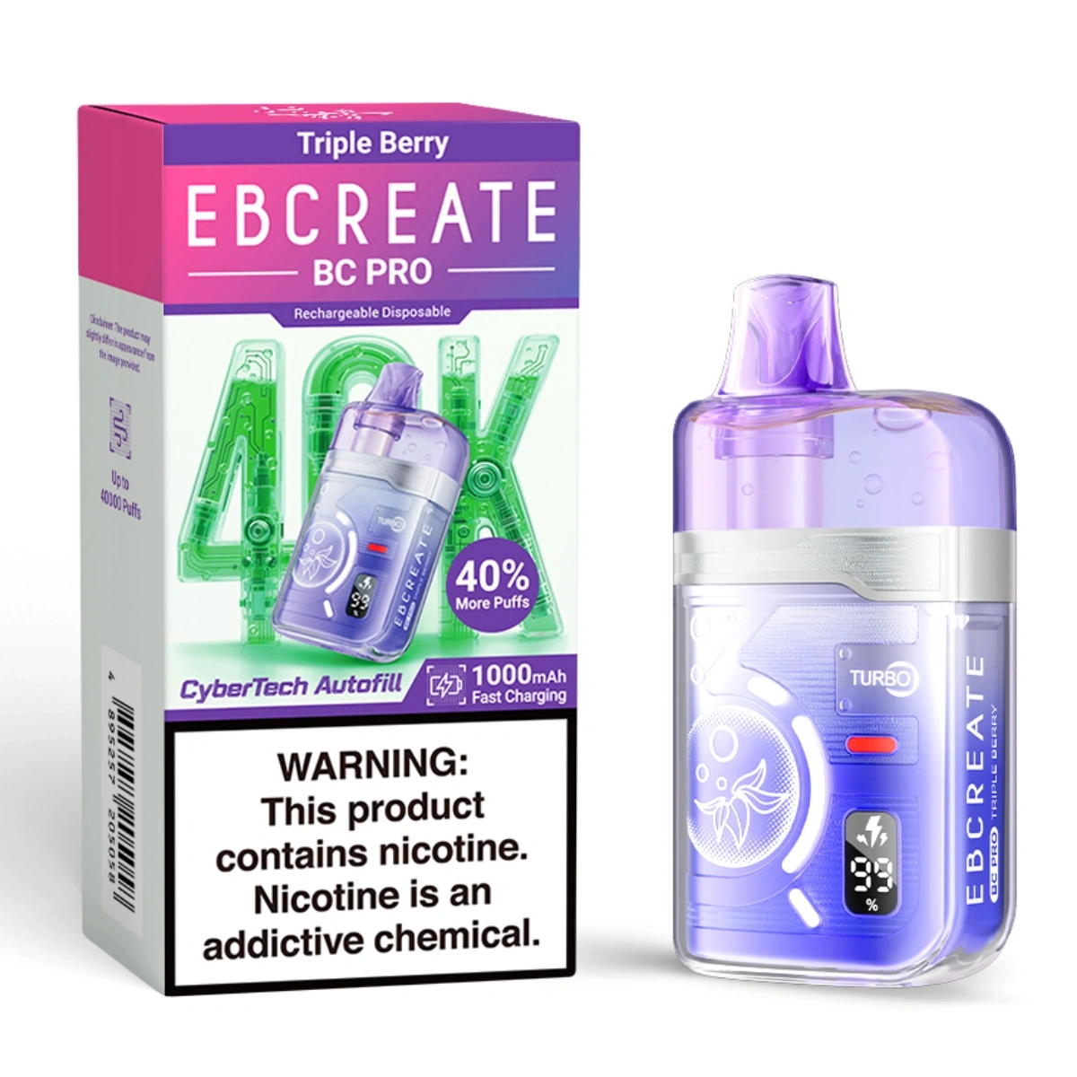 EBCREATE BC PRO 40K Triple Berry disposable vape with dual mode and mesh coil, presented alongside single-unit packaging.
