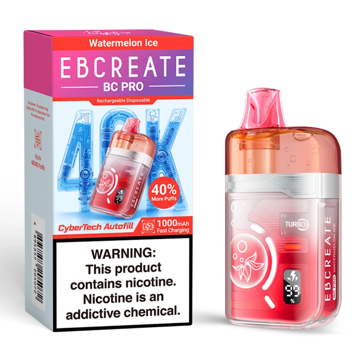 EBCREATE BC PRO 40K Watermelon Ice disposable vape featuring Cybertech Autofill and Type-C rechargeable, shown with single retail box.