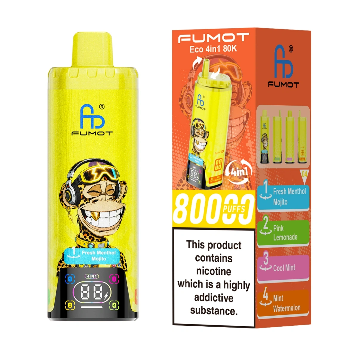 Fumot Eco 4in1 80K fresh menthol mojito disposable vape with Type-C rechargeable and dual mesh coil, shown with single-unit retail box.