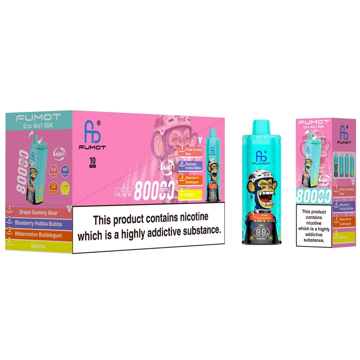 Fumot Eco 4in1 80K grape gummy bear disposable vape with retail box and 5-piece multi-pack carton for wholesale.