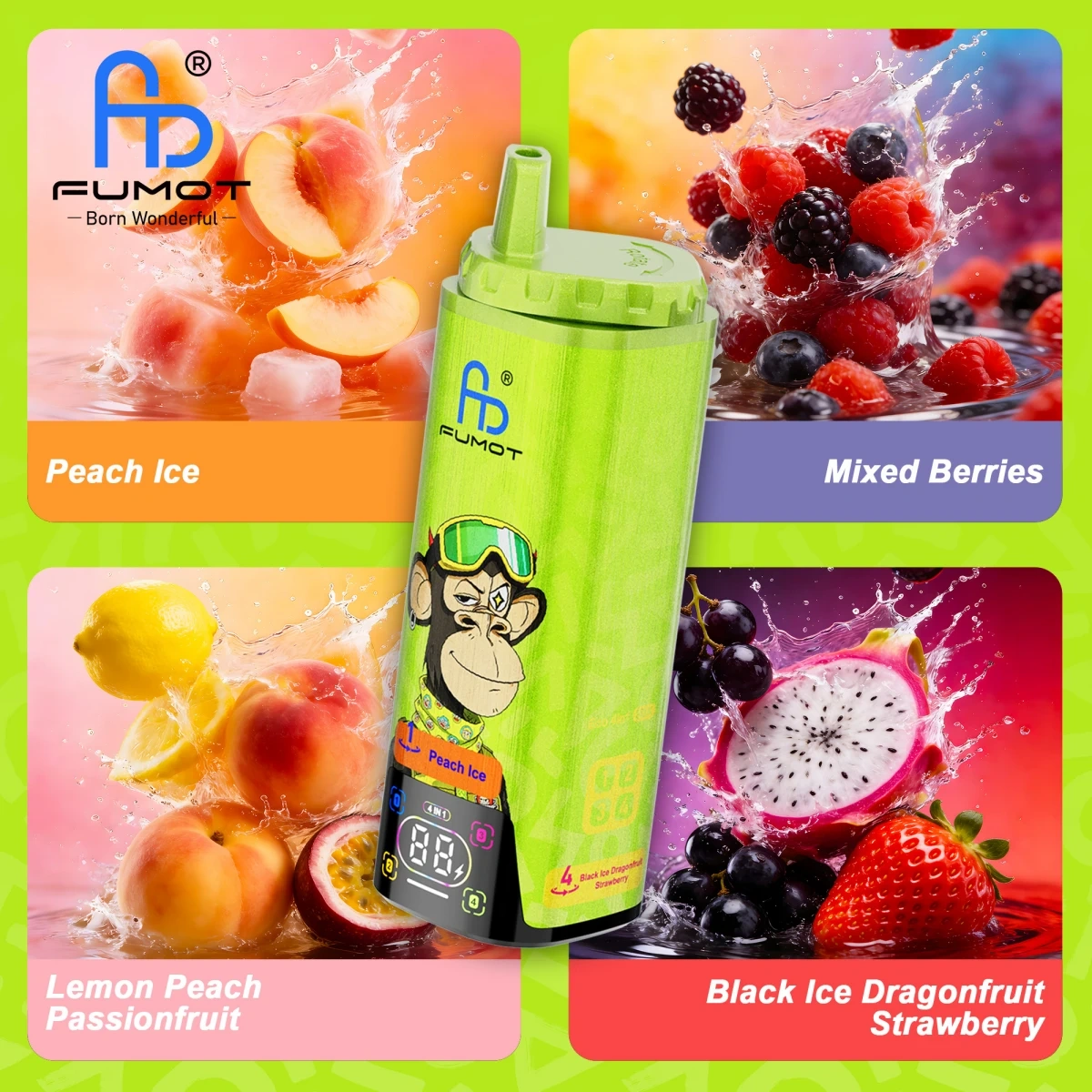 Fumot Eco 4in1 80K peach ice disposable vape featuring all four flavors – Peach Ice, Mixed Berries, Lemon Peach Passionfruit and Black Ice Dragonfruit Strawberry – in a promotional layout.
