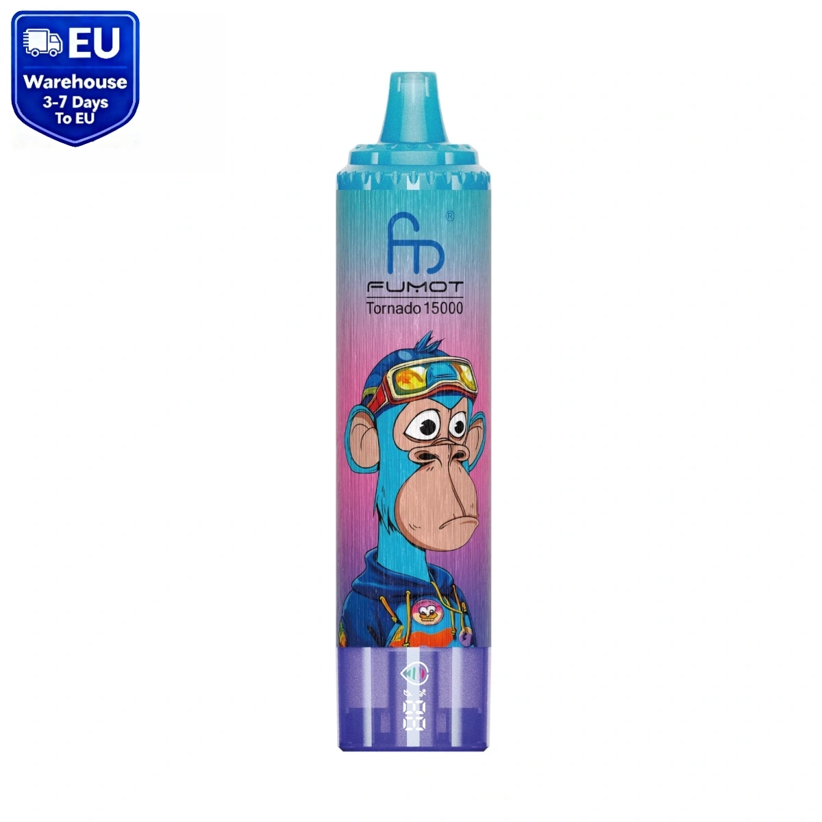 Fumot Tornado 15000 disposable vape with Blueberry Peach Ice flavor. Isolated on white background.