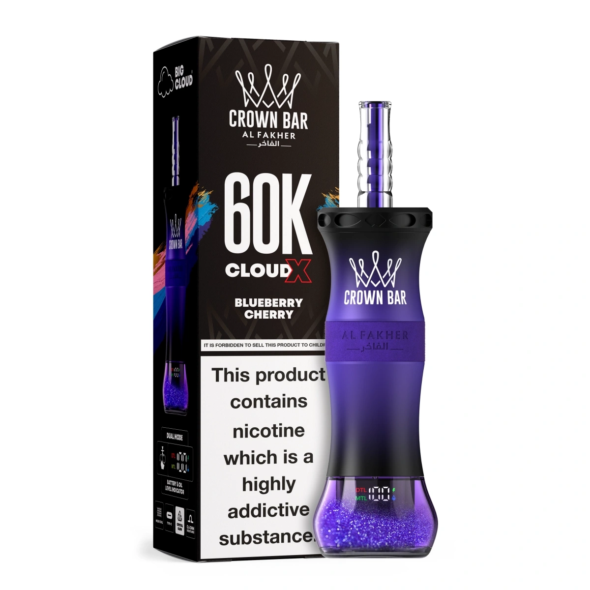 AL FAKHER 60K CLOUDX blueberry cherry disposable vape featuring Type-C rechargeable and mesh coil, shown with single-unit retail box.