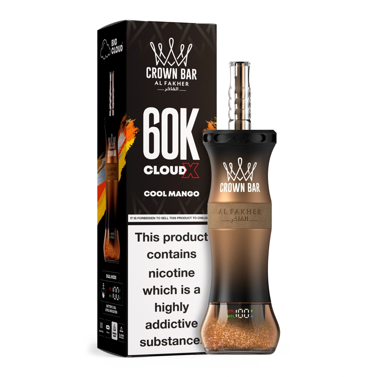 AL FAKHER 60K CLOUDX cool mango dual-mode disposable vape with smart screen display, packaged with retail box.