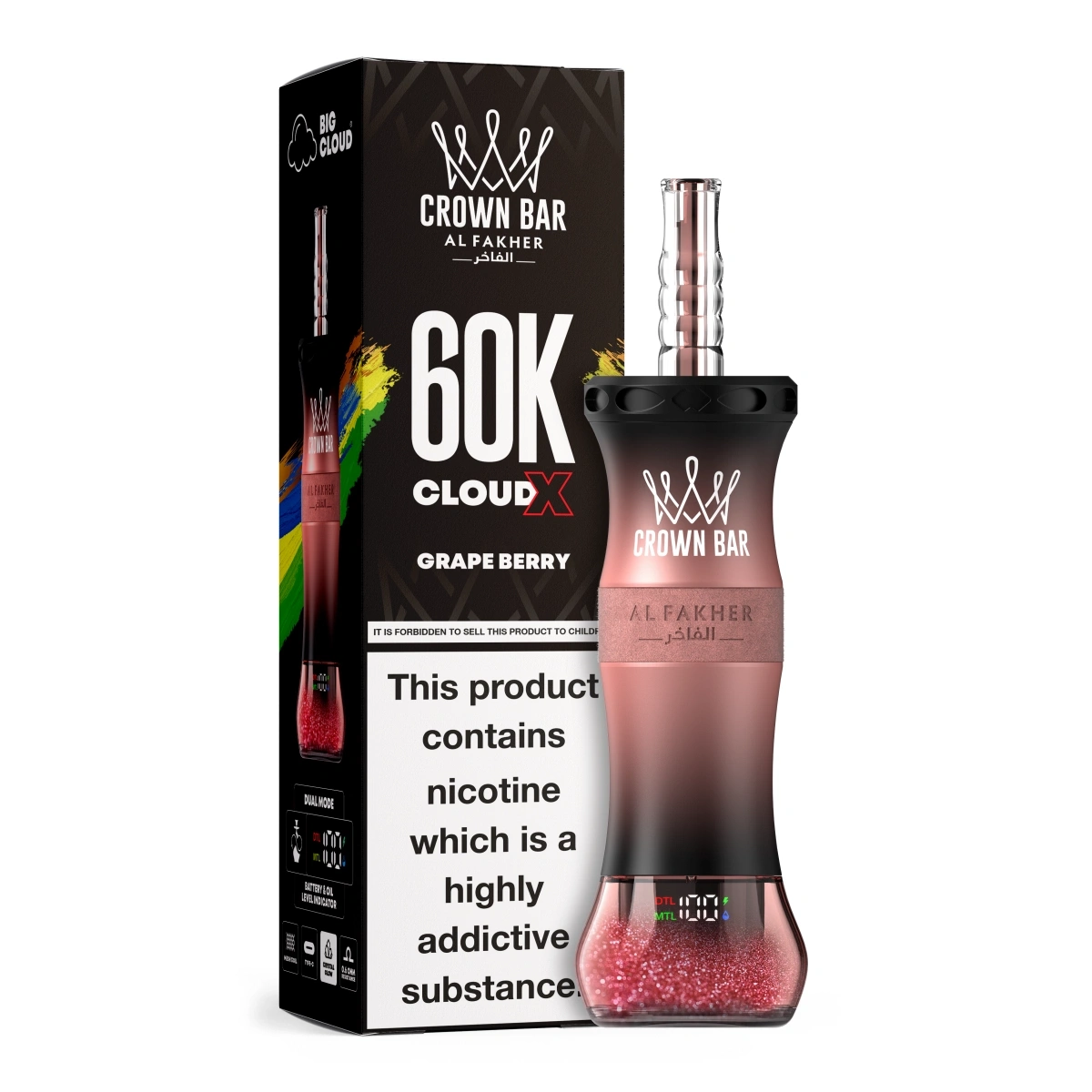 AL FAKHER 60K CLOUDX grape berry shisha-inspired disposable vape with mesh coil and Type-C charging, presented alongside single retail packaging.
