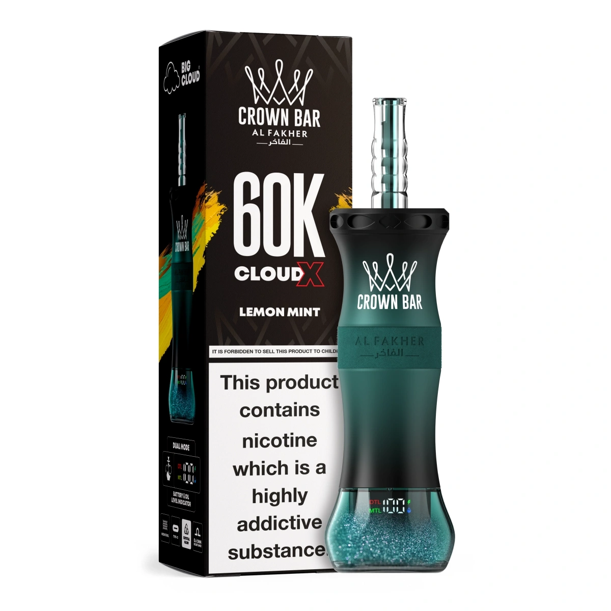 AL FAKHER 60K CLOUDX lemon mint disposable vape featuring smart screen and dual mode, shown with retail box.