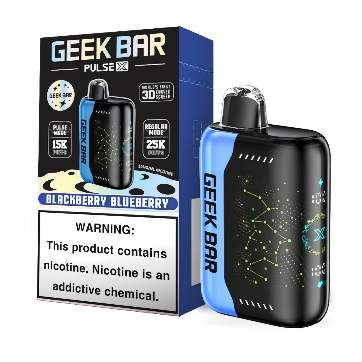 Geek Bar Pulse X 25000 Blackberry Blueberry dual-mode disposable vape with smart LED display, packaged with retail box.