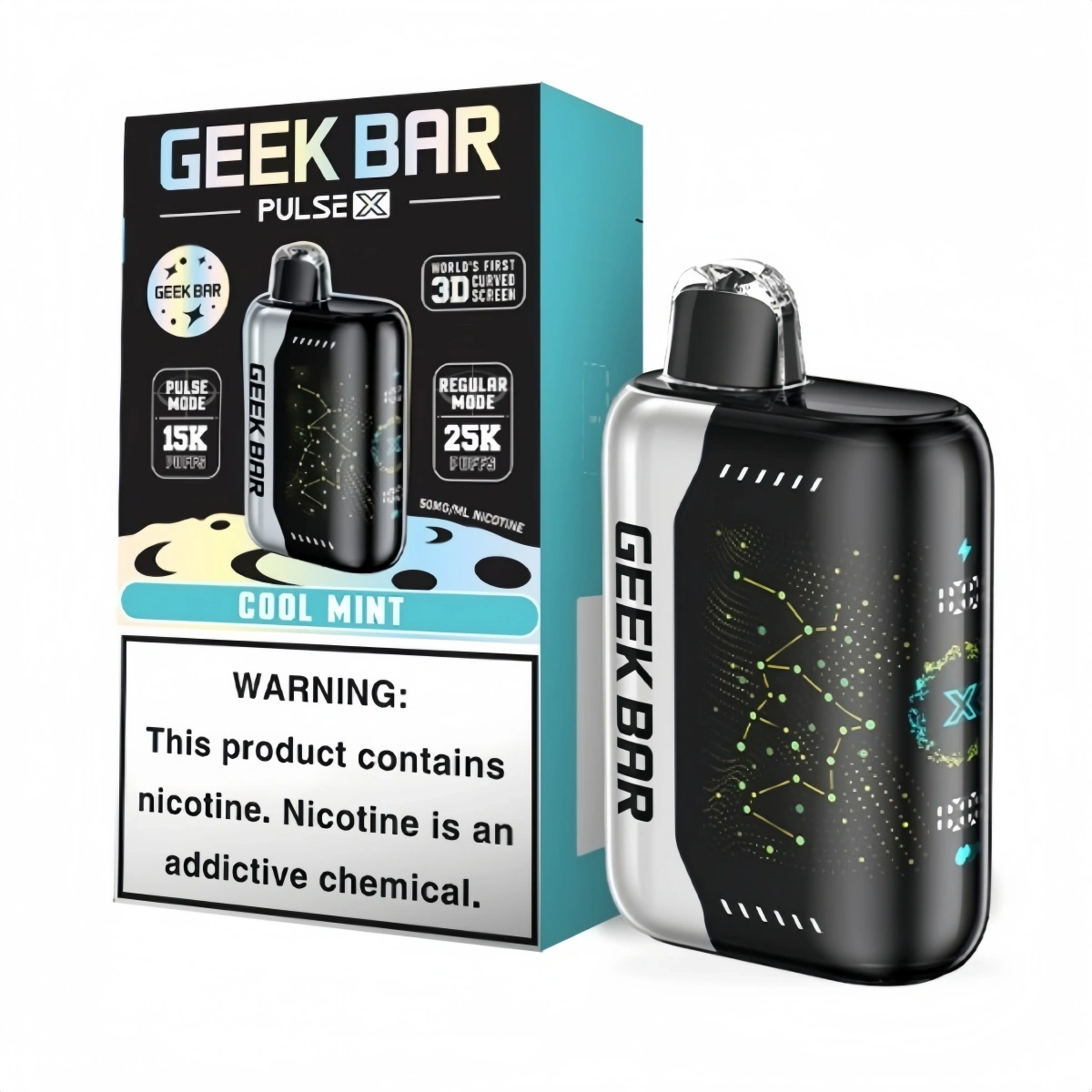 Geek Bar Pulse X 25000 Cool mint mesh coil disposable vape with 3D curved screen and Type-C charging, presented alongside single retail packaging.