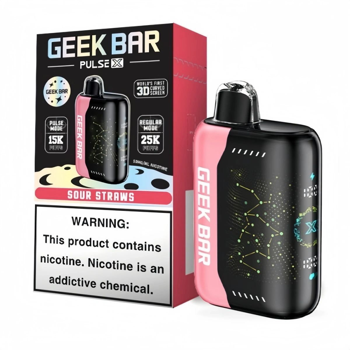 Geek Bar Pulse X 25000 Sour straws disposable vape featuring Type-C rechargeable and mesh coil, shown with single-unit retail box.