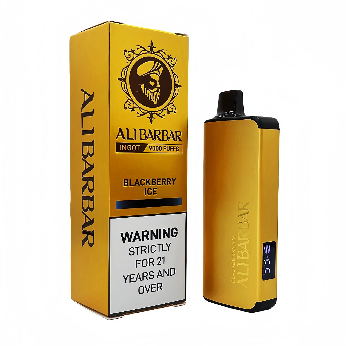 Alibarbar Ingot 9000 Puffs blackberry ice disposable vape with Type-C rechargeable and gold curved design, shown with single-unit retail box.