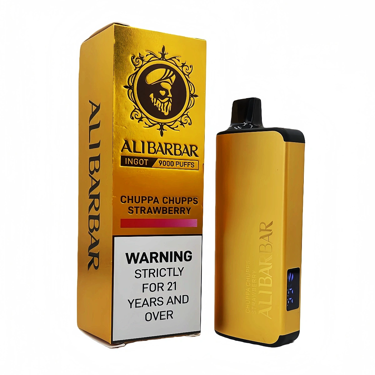 Alibarbar Ingot 9000 Puffs chuppa chupps strawberry disposable vape featuring smart screen and mesh coil, packaged with retail box.