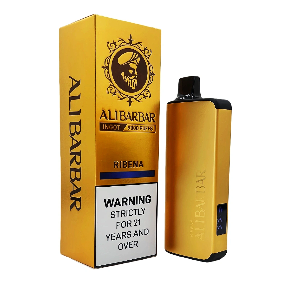 Alibarbar Ingot 9000 Puffs ribena disposable vape with gold curved design and Type-C charging, shown alongside single retail packaging.