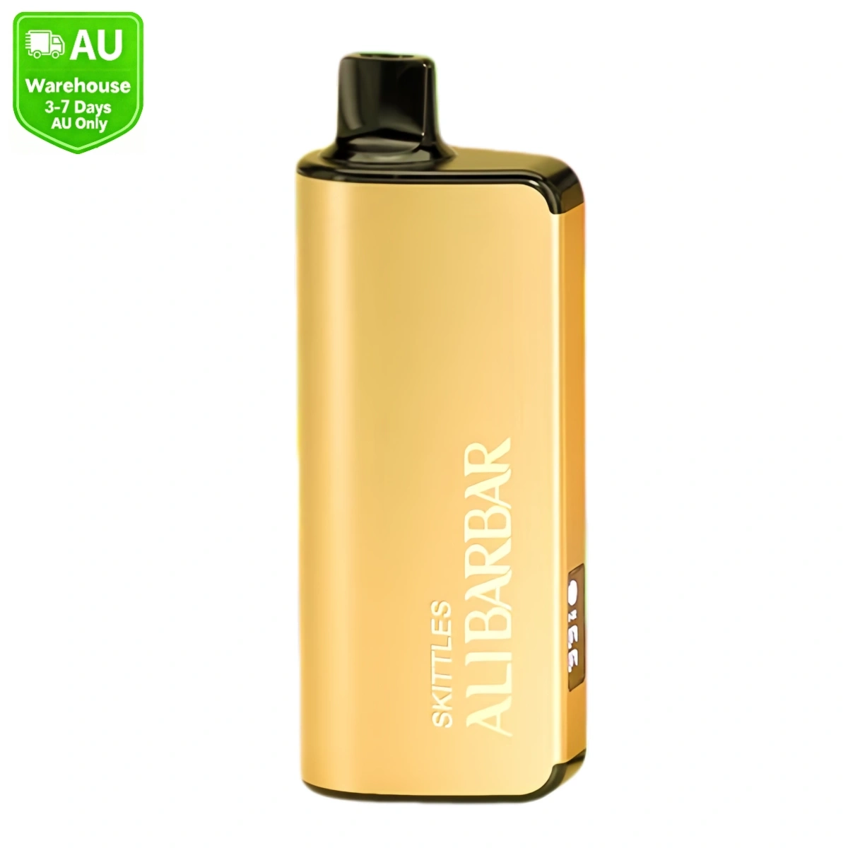 Alibarbar Ingot 9000 Puffs skittles disposable vape with gold curved design and smart screen, isolated on white background.