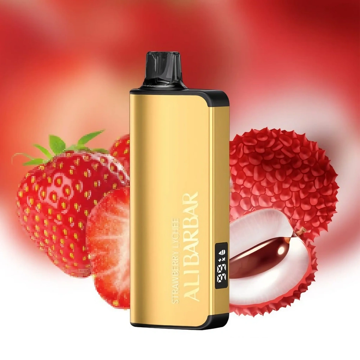 Alibarbar Ingot 9000 Puffs strawberry lychee disposable vape featuring gold curved design, smart screen, and mesh coil, shown in flavor promotional style.