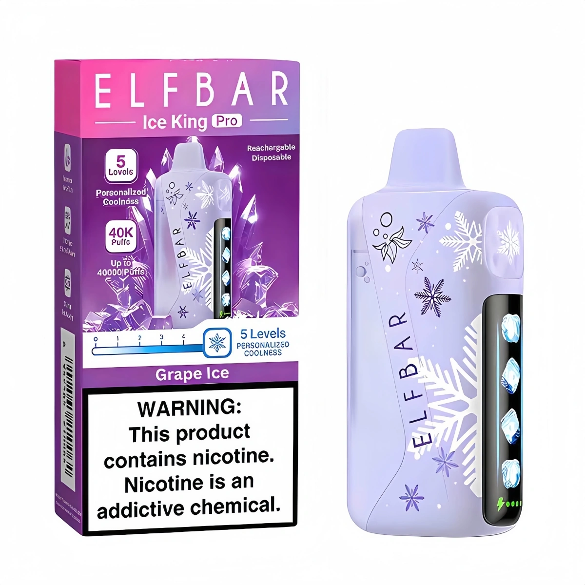ELF BAR Ice King Pro 40K grape ice disposable vape with ice adjustable technology and visible tank, packaged with retail box.