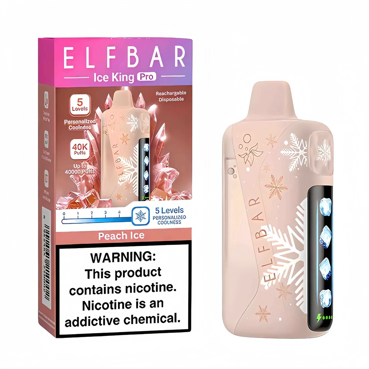 ELF BAR Ice King Pro 40K peach ice vape equipped with smart screen and adjustable ice level, presented alongside single retail packaging.