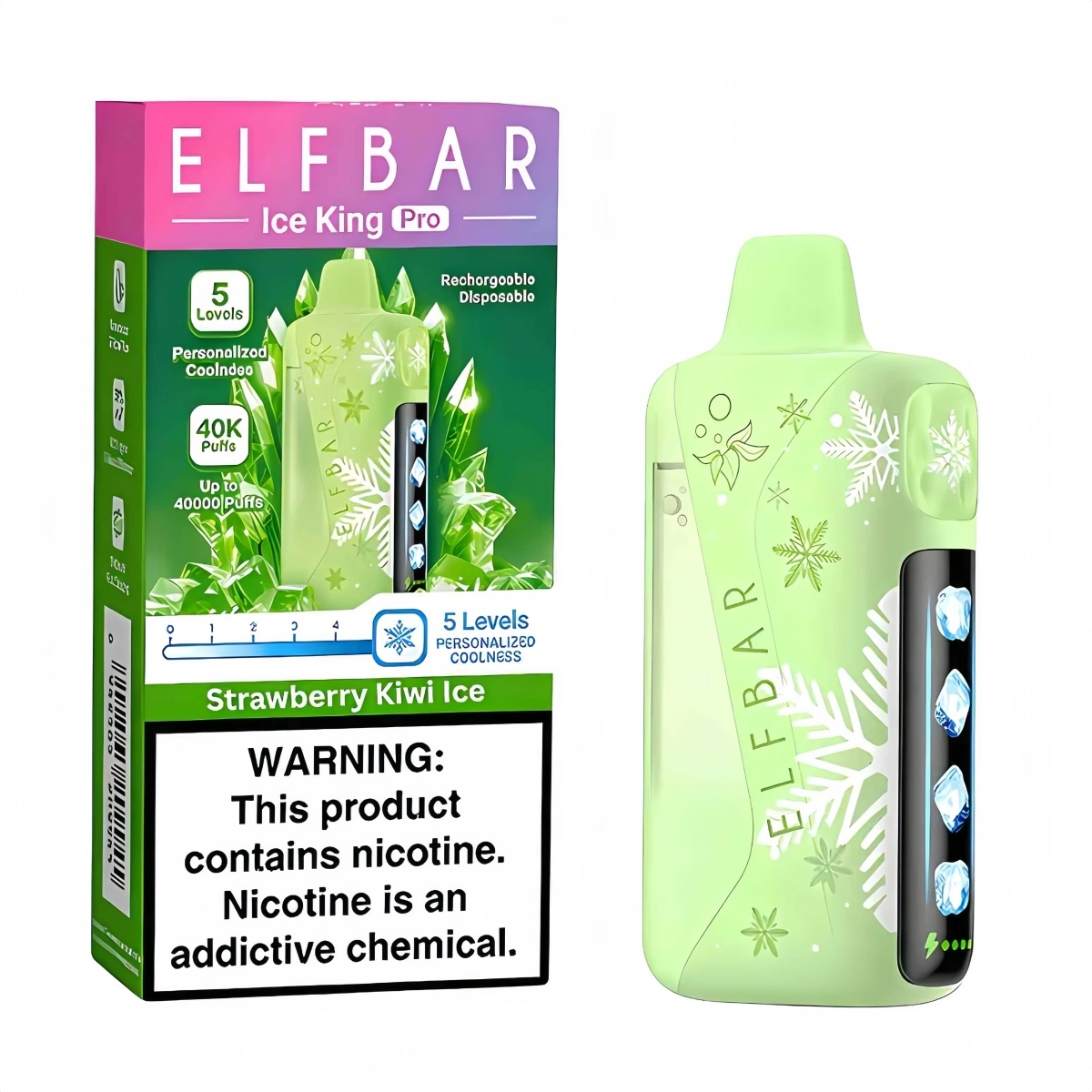 ELF BAR Ice King Pro 40K strawberry kiwi ice disposable vape with Type-C rechargeable and mesh coil, shown with retail box.