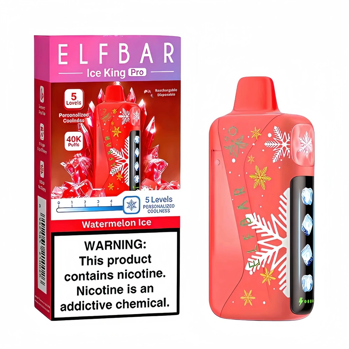 ELF BAR Ice King Pro 40K watermelon ice vape featuring mesh coil and Type-C rechargeable, shown with single-unit retail box.