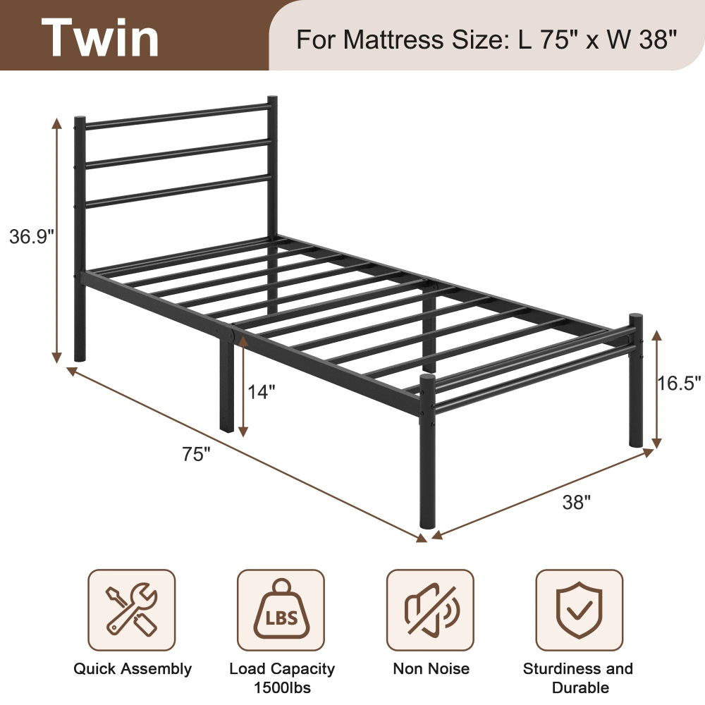 Roomdiary 14 inch Twin Bed Frames with Headboard and Footboard, Easy Assembly Heavy Duty Metal Platform with Underbed Storage, Black